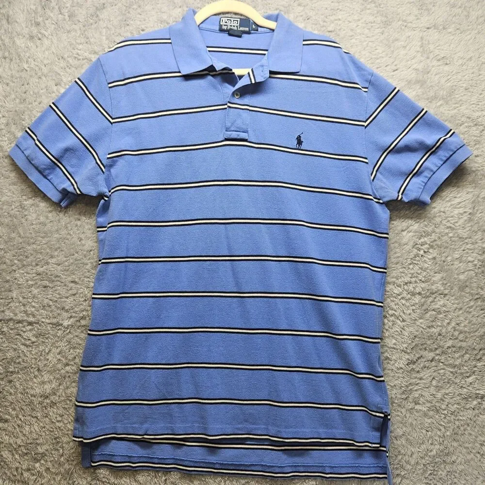 Polo Ralph Lauren Mens Blue Stipe Polo Shirt Size L Cotton Classic Preppy